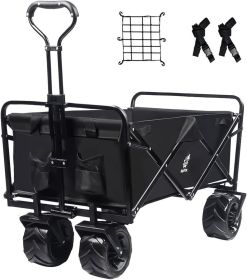 Foldable Beach Wagon Cart with Big Wheels for Sand All Terrain Collapsible Heavy Duty Wagon Utility Carts with Cargo Net/Straps/Fishing Holder for Out