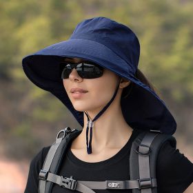 Wide Brim Shawl Ponytail Bucket Hat For Women; Outdoor Fishing Hiking UV Protection Bonnet (Color: 7# Navy Blue)