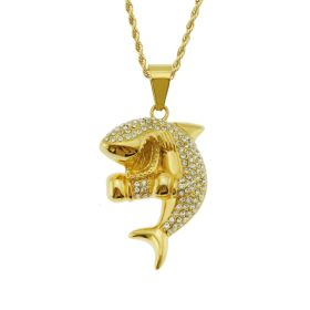 Men's And Women's Rhinestone-encrusted Boxing Shark-shaped Pendant Necklace (Color: Gold)