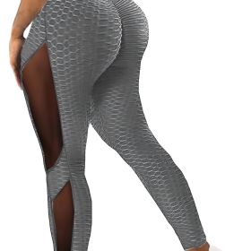 Honeycomb Mesh Contrast Leggings, Sporty Skinny High Waist Lifting Yoga Leggings, Women's Clothing (Color: grey, size: XL(12))