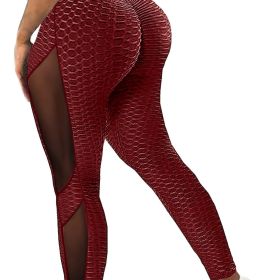 Honeycomb Mesh Contrast Leggings, Sporty Skinny High Waist Lifting Yoga Leggings, Women's Clothing (Color: Burgundy, size: L(8/10))