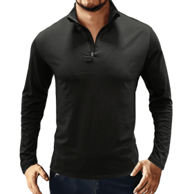 Men's Casual Polo Shirts 1/4 Zip Long Sleeve Shirt Outdoor Stand Up Collar Slim Fit Shirts (Color: Black, size: small)