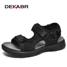 DEKABR Summer Men Casual Beach Outdoor Water Shoes Breathable Trekking Fashion Sandals Fishing Genuine Leather Leisure Shoes (Color: 02 Black, size: 10)