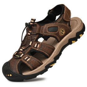 Summer Men Casual Beach Outdoor Water Shoes Breathable Trekking Sandals Hiking Climbing Fishing Genuine Leather Leisure Sandals (Color: Dark brown, size: 40)