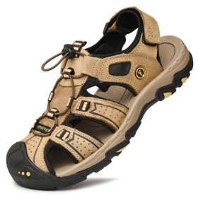 Summer Men Casual Beach Outdoor Water Shoes Breathable Trekking Sandals Hiking Climbing Fishing Genuine Leather Leisure Sandals (Color: Light Brown, size: 40)