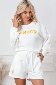 White PUMPKIN Flocking Graphic Pullover Sweatshirt and Shorts Set (Color: White, size: XL)