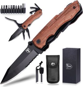 9 in 1 Multitool Pocket Knife (Color: Black + Wood Grain)