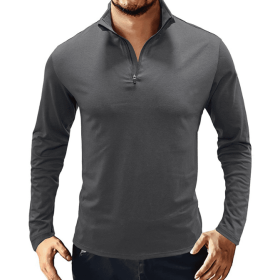 Men's Casual Polo Shirts 1/4 Zip Long Sleeve Shirt Outdoor Stand Up Collar Slim Fit Shirts (Color: Brown, size: small)